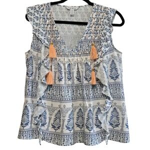 Tribal, Blue & White Floral Block Print, Ruffles, Tassels & Sequins, Blouse Sz M